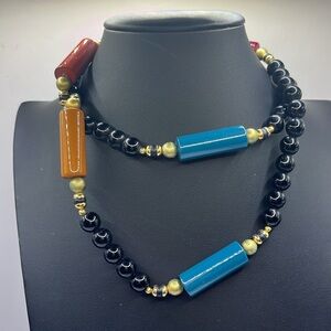 Vintage Sandra David Wood Black Gold  Bead Necklace Long 32 in Jewel Tones